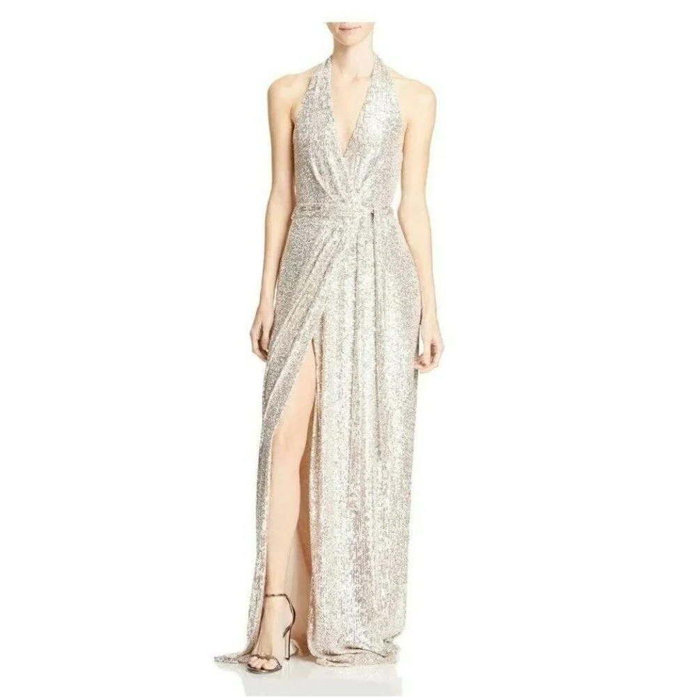 NWT Halston Women's Sequined Halter Formal Long Dress M (MSRP $425)